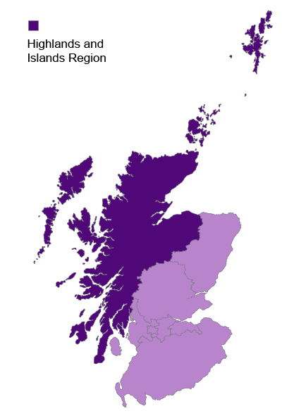 A map highlighting the Highlands and Islands region of Scotland