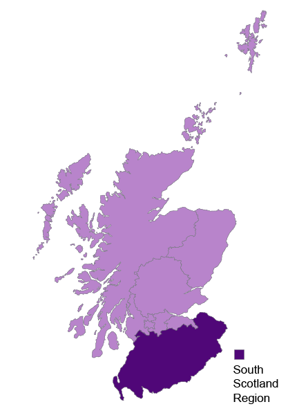 A graphic map of Scotland, highlighting the parliamentary region South Scotland