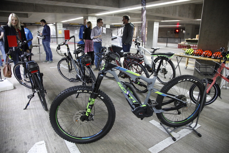 Electric assisted bicycles in an underground car park.