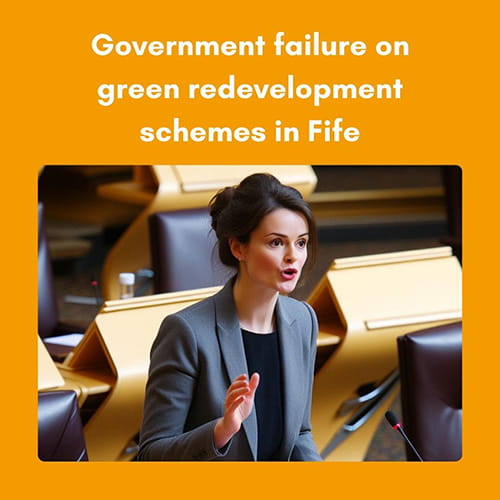 Picture of fictional MSP speaking in the Chamber with coloured border including text commentary