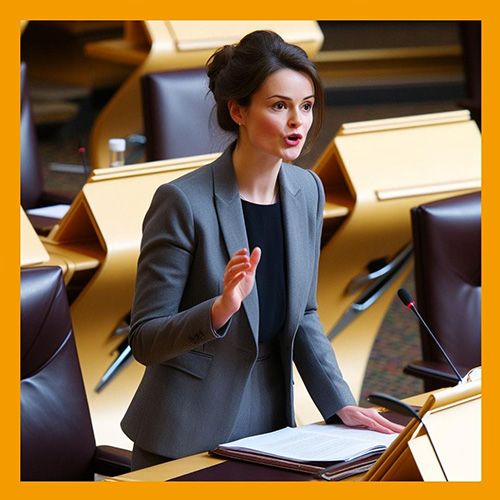 Picture of fictional MSP speaking in the Chamber surrounded by coloured border in party colours