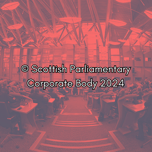 End card for video showing the Debating Chamber and the words "Scottish Parliamentary Corporate Body 2024" 