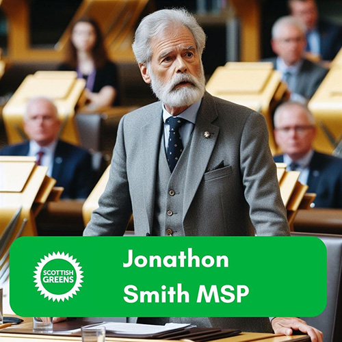 Picture of fictional MSP speaking in the Chamber with party logo next to their name 
