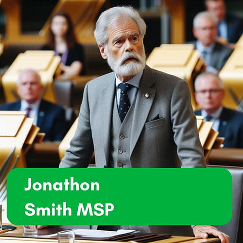 Picture of fictional MSP speaking in the Chamber with their name on coloured panel