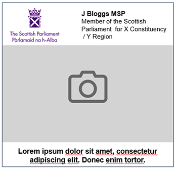 Example of a Member’s parliamentary-funded communication with full-page image and corporate identity set left in the header along with MSP's name and area of representation