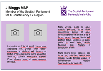 Example of a Member’s parliamentary-funded communication with corporate identity set right in the header along with MSP's name and area of representation