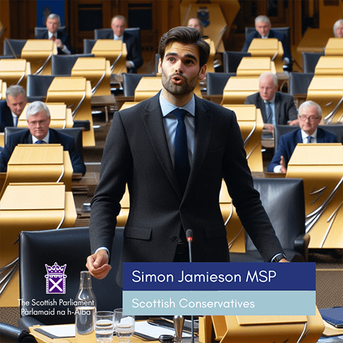 Picture of fictional MSP speaking in the Chamber with the parliament logo next to a panel including their name and party affiliation