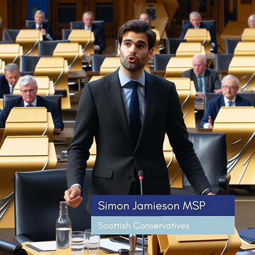 Picture of fictional MSP speaking in the Chamber with panel including their name and party affiliation