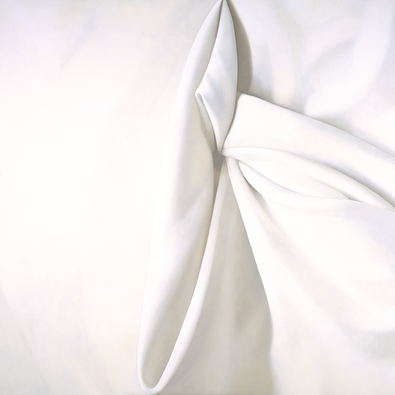 Large abstract unframed oil painting painted in white and creamy tones. Abstractly painted folded fabric.