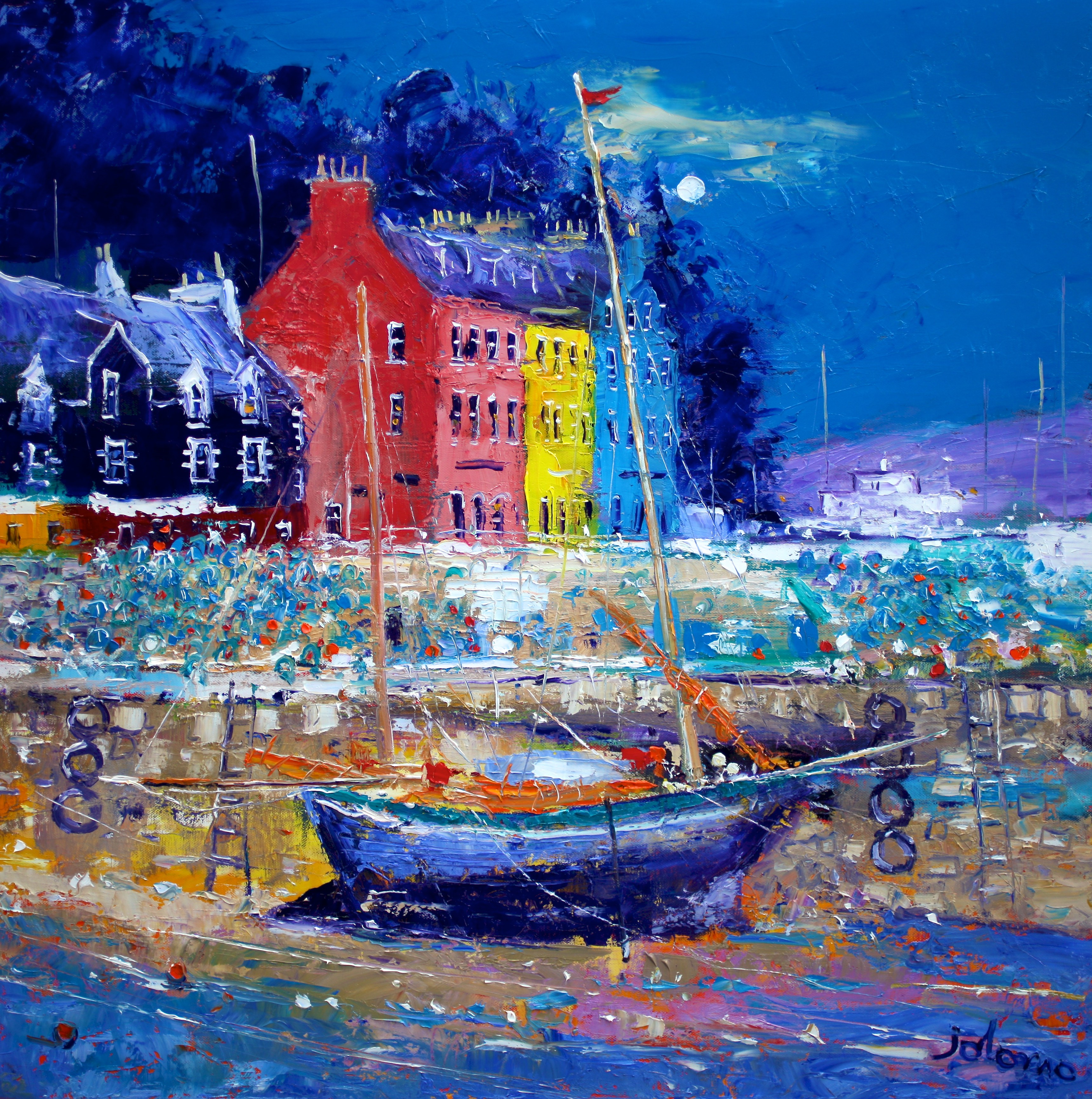 Oil painting using cool colours to show the moon and night sky in the right hand top of the painting. Cottages are painted in warm colours. In front of the cottages is a harbour with abstractly painted lobster creels. Ladders in the harbour lead down to a fishing boat.  