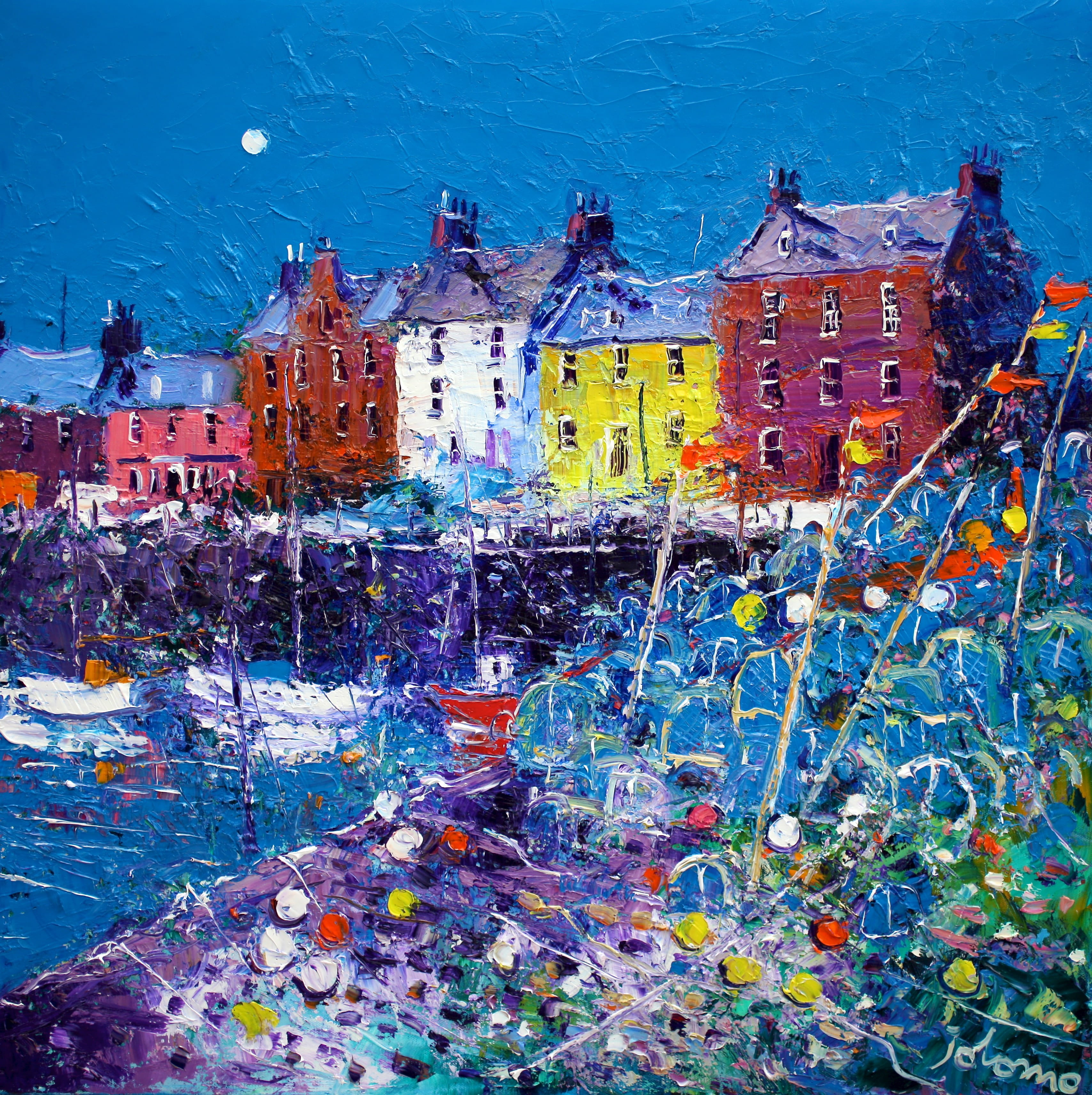 In the background of the oil painting is the night sky and a full moon in the top left hand area of the painting. A row of six fishing village houses is painted in warm colours. The bottom right hand side of the painting shows lots of lobster creels. To the left of the creels are three boats in the harbour.