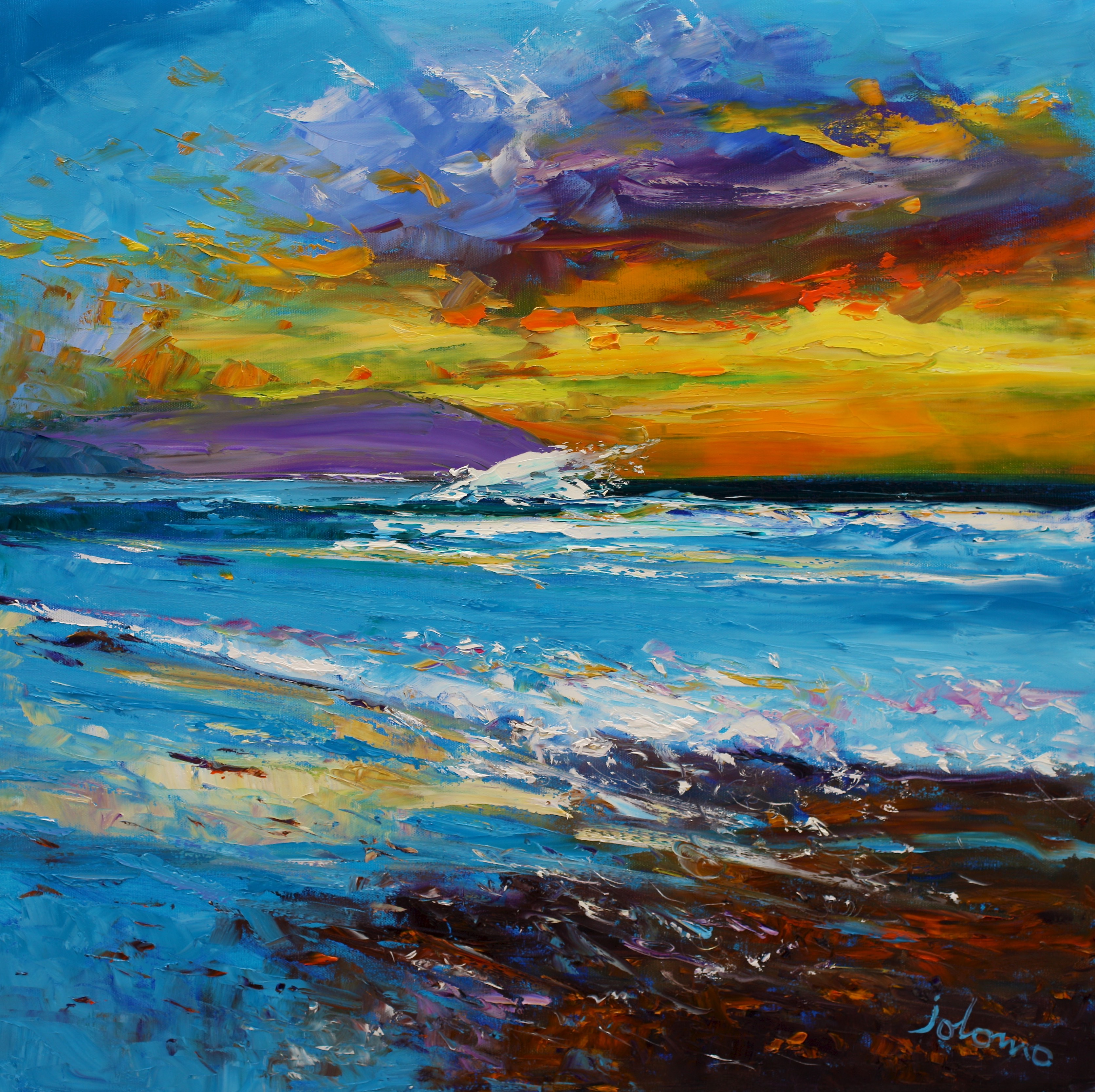 Oil painting of the sky and sea painted in vigorous brushstrokes and intense colours. Sky is painted in warm and hot colours as is some sand in the lower right hand side of the painting. Sea is painted in cool colours. Where the sky meets sea in the middle of the painting is a spray of sea-water.