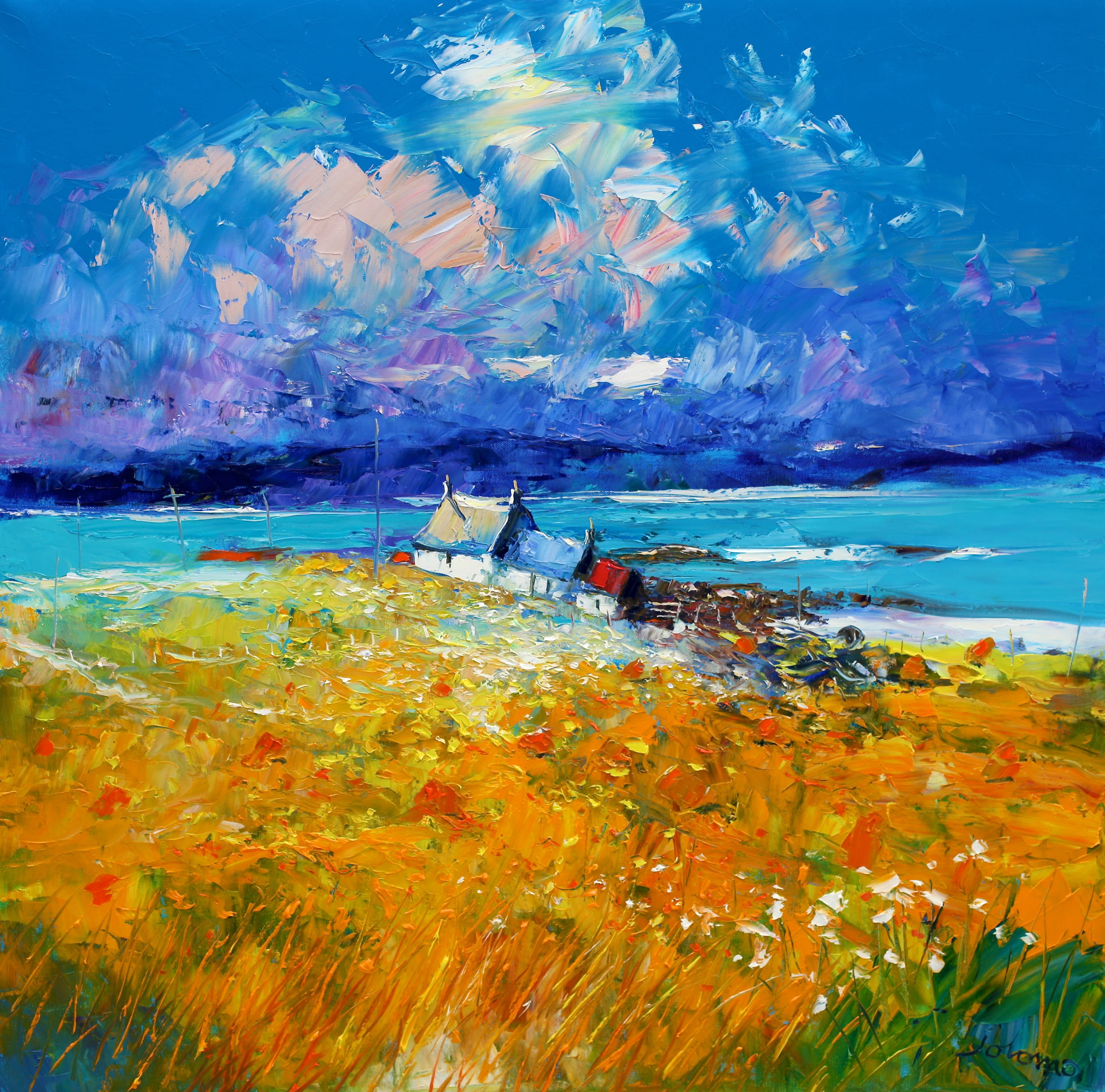 In middle of the oil painting is a small row of three cottages. Behind them is some white sand to the right, a bright blue sea with coolly painted land in the background. Sky has some abstractly painted clouds. Lower half – foreground – of painting is in warm and hot colours with flowers painted in vigorous brushstrokes.