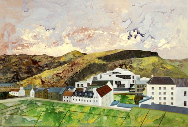 Painting of the Scottish Parliament building sitting in front of the Salisbury Crags with about one third of the top of the painting showing a textured sky in pale pinks and blues. In front of the Parliament building the Commonwealth War Graves cemetery, painted abstractly. 